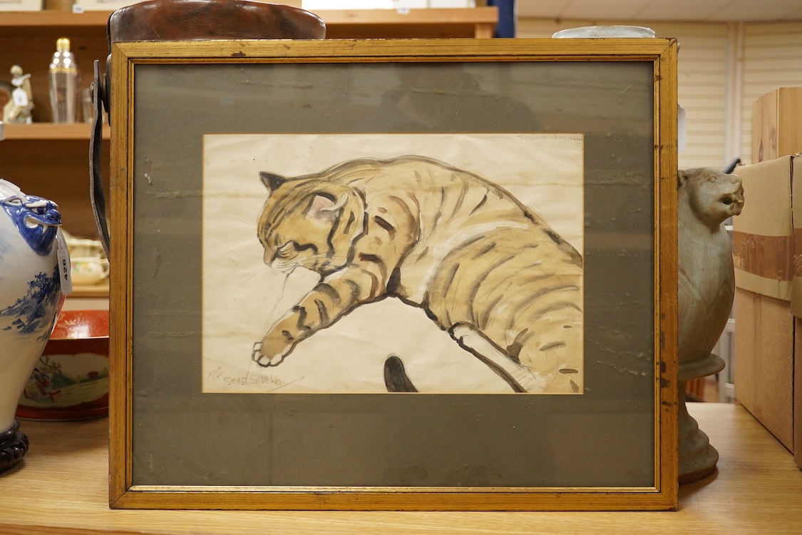 20th century school, study of a tabby cat, indistinctly inscribed in pencil, watercolour, 23 x 33cm